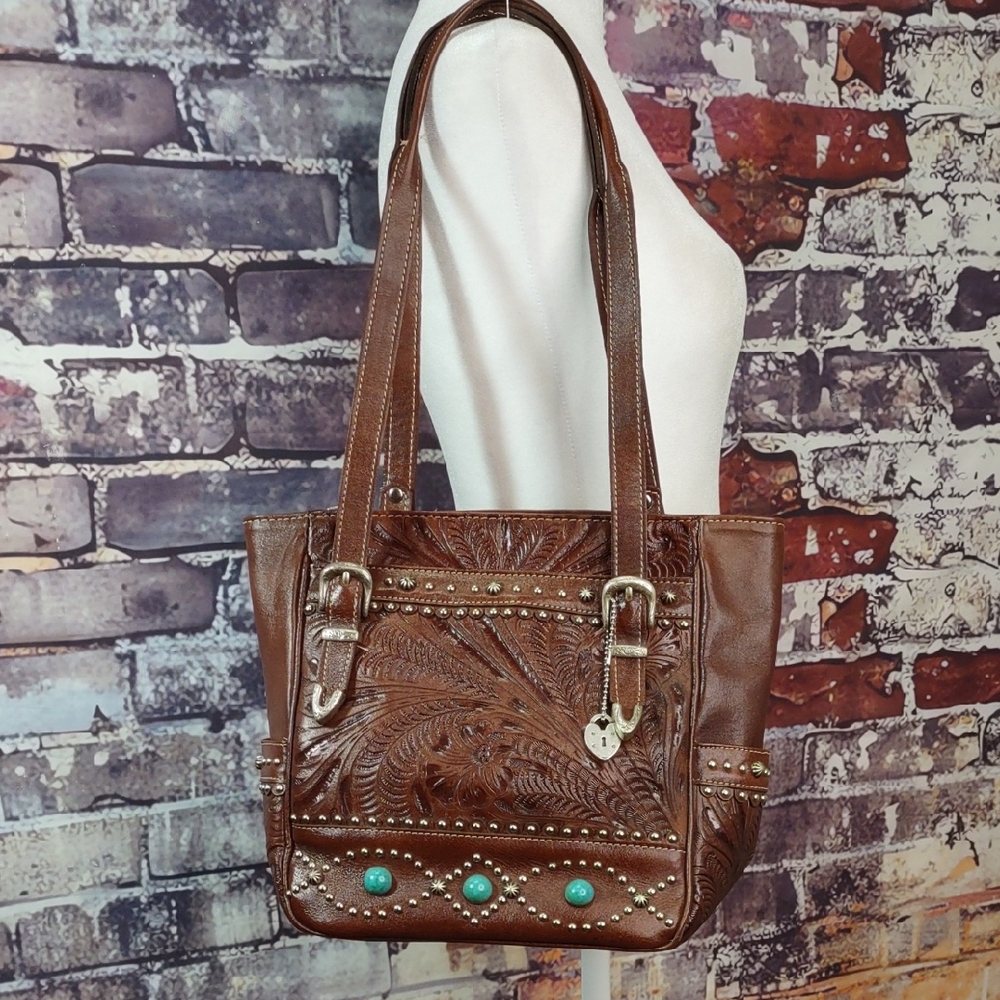 American West Tooled Leather Studded Shoulder Bag